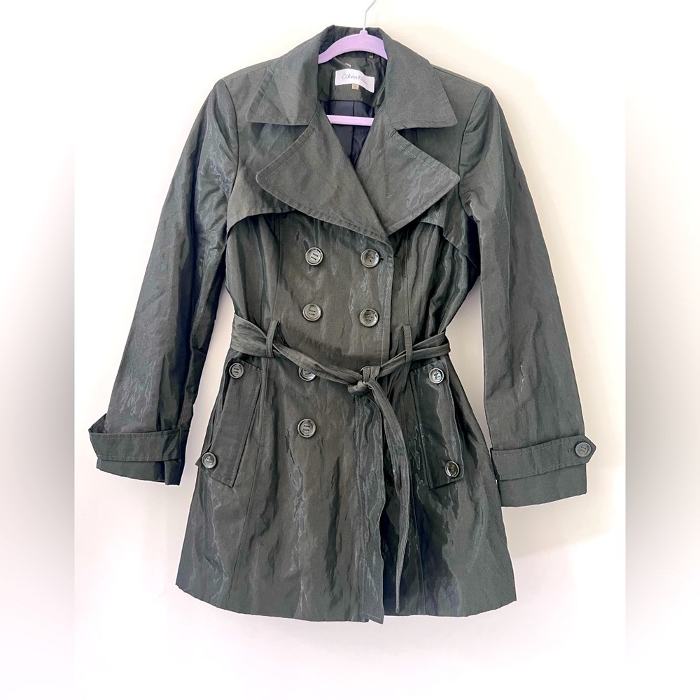 Calvin Klein Reflective Military Green Belted Short Trench Coat Size Medium